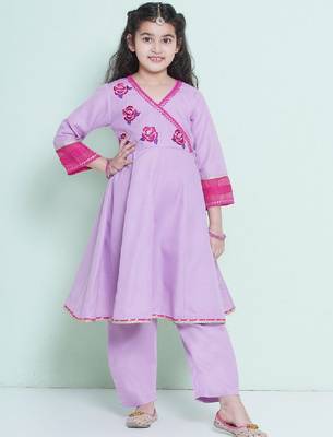 Girls floral embroidered sequinned pure cotton anarkali kurta with trouser 1