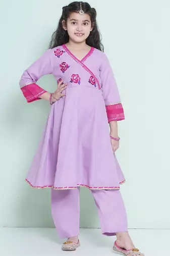 Girls floral embroidered sequinned pure cotton anarkali kurta with trouser