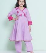 Girls floral embroidered sequinned pure cotton anarkali kurta with trouser