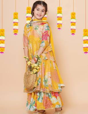 Girls floral printed angrakha anarkali kurta & sharara with dupatta 1