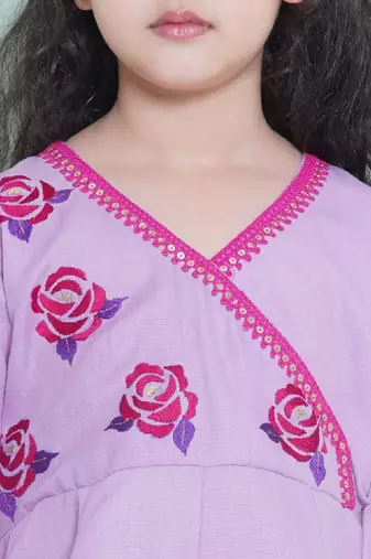 Girls floral embroidered sequinned pure cotton anarkali kurta with trouser