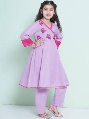 Girls floral embroidered sequinned pure cotton anarkali kurta with trouser 3