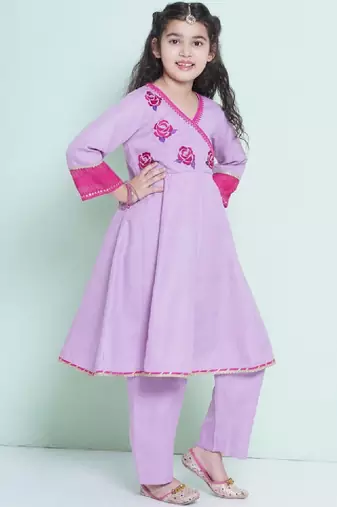 Girls floral embroidered sequinned pure cotton anarkali kurta with trouser