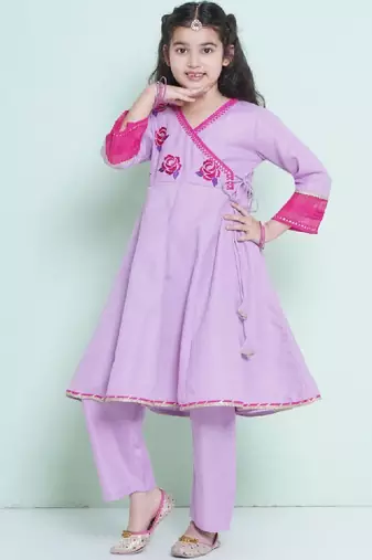 Girls floral embroidered sequinned pure cotton anarkali kurta with trouser