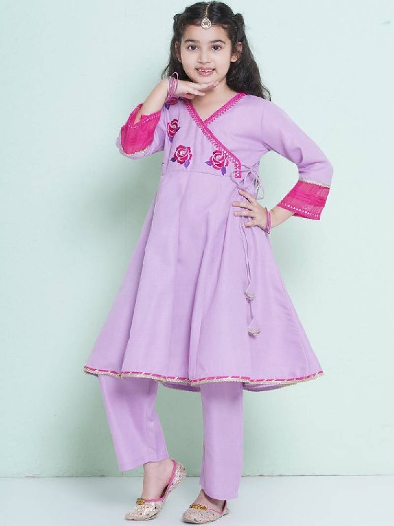 Girls floral embroidered sequinned pure cotton anarkali kurta with trouser