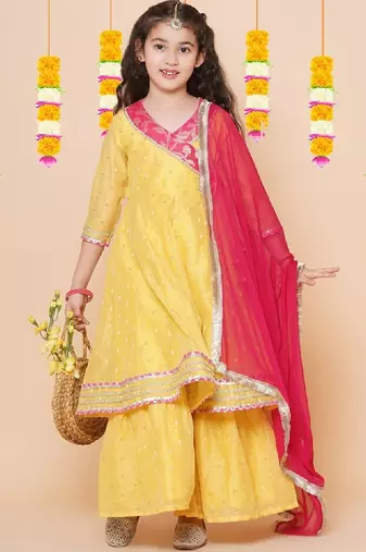 Girls ethnic motifs woven design anarkali kurta & sharara with dupatta