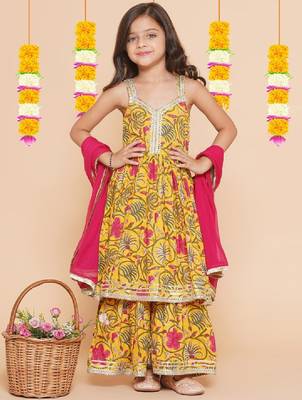 Girls yellow floral printed empire gotta patti pure cotton kurta with sharara & with dupatta 1