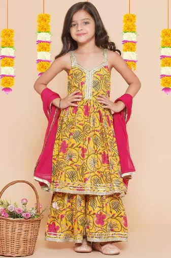 Girls yellow floral printed empire gotta patti pure cotton kurta with sharara & with dupatta