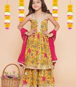Girls yellow floral printed empire gotta patti pure cotton kurta with sharara & with dupatta