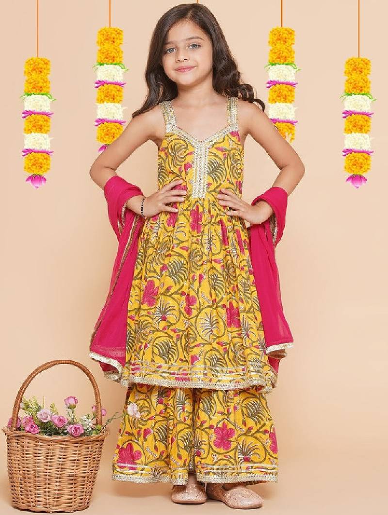 Girls yellow floral printed empire gotta patti pure cotton kurta with sharara & with dupatta