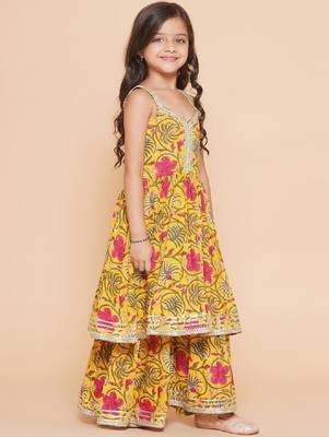 Girls yellow floral printed empire gotta patti pure cotton kurta with sharara & with dupatta 3