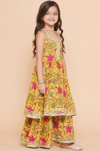 Girls yellow floral printed empire gotta patti pure cotton kurta with sharara & with dupatta