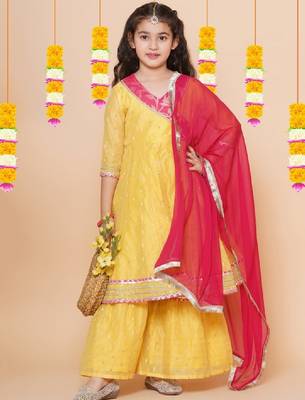 Girls yellow angrakha gotta patti kurta with sharara & with dupatta 1