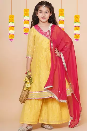Girls yellow angrakha gotta patti kurta with sharara & with dupatta