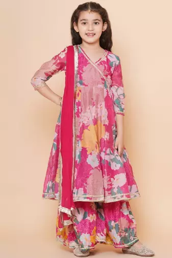 Girls pink floral printed angrakha gotta patti kurta with sharara & with dupatta
