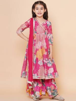 Girls pink floral printed angrakha gotta patti kurta with sharara & with dupatta 1
