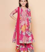 Girls pink floral printed angrakha gotta patti kurta with sharara & with dupatta