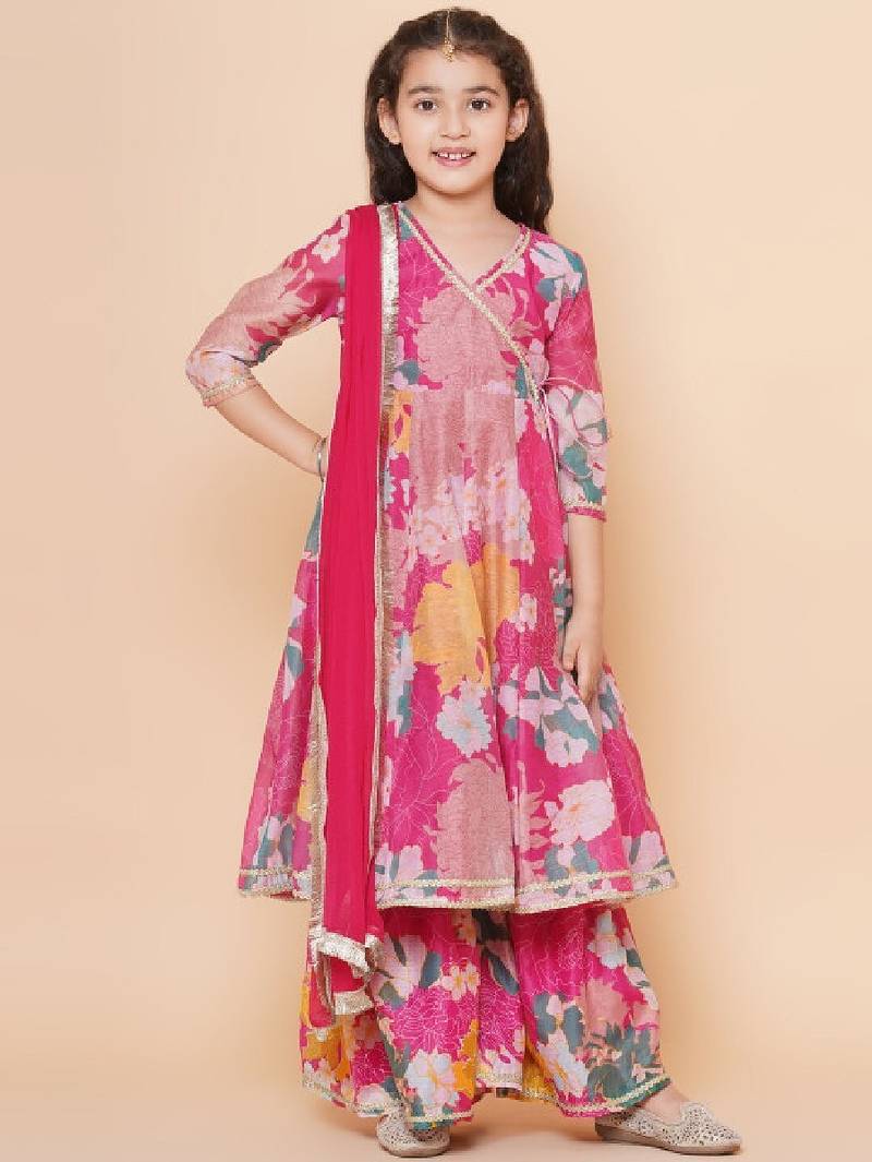 Girls pink floral printed angrakha gotta patti kurta with sharara & with dupatta