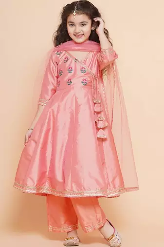 Girls embroidered angrakha gotta patti kurta with trousers & dupatta