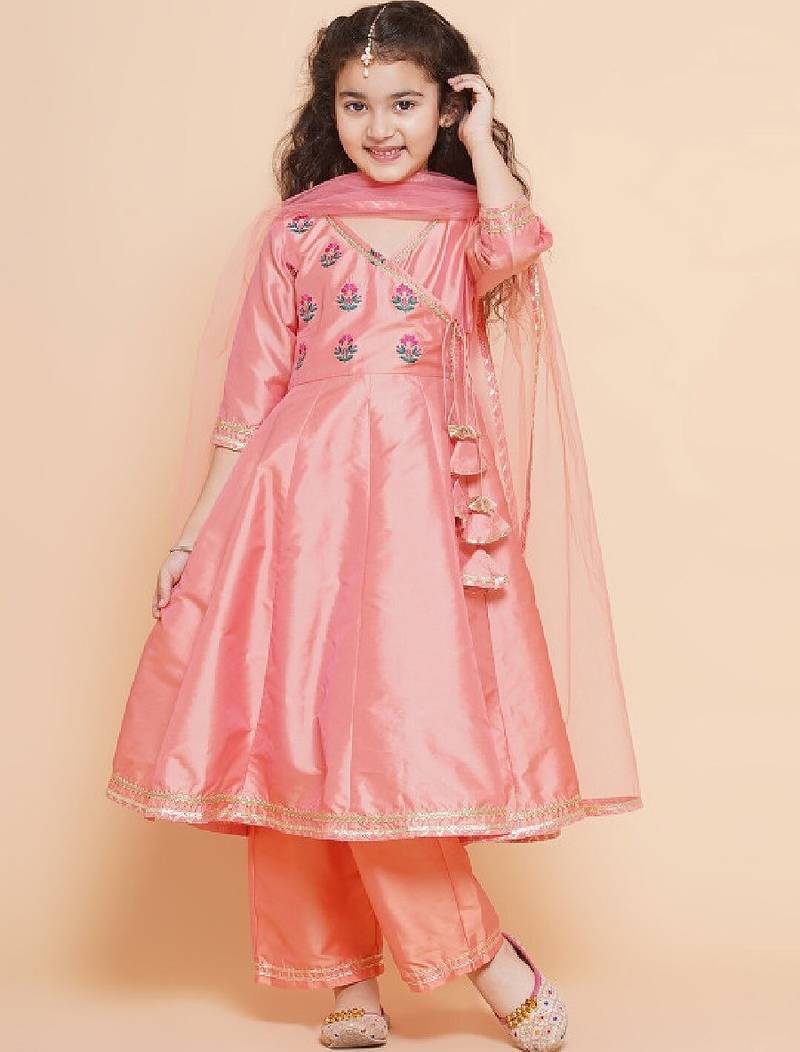 Girls embroidered angrakha gotta patti kurta with trousers & dupatta