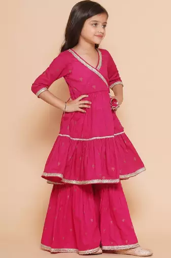 Girls ethnic motifs printed gotta patti tiered kurta with sharara