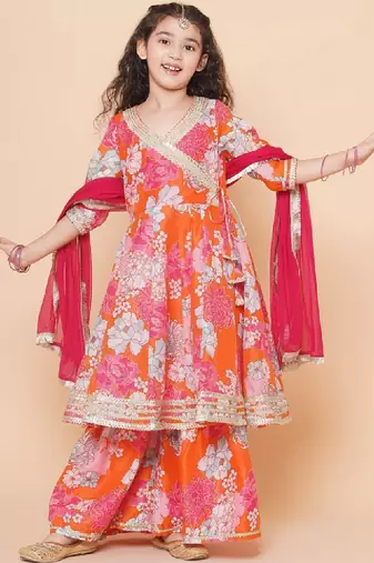 Girls floral printed angrakha anarkali kurta & sharara with dupatta