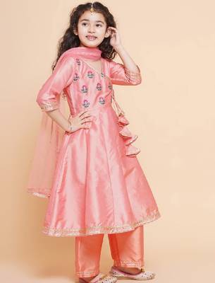 Girls embroidered angrakha gotta patti kurta with trousers & dupatta 3