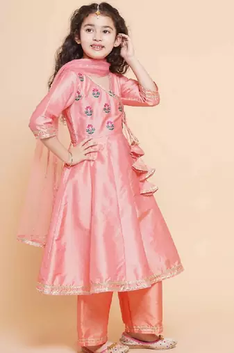 Girls embroidered angrakha gotta patti kurta with trousers & dupatta
