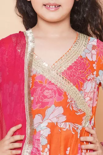 Girls floral printed angrakha anarkali kurta & sharara with dupatta