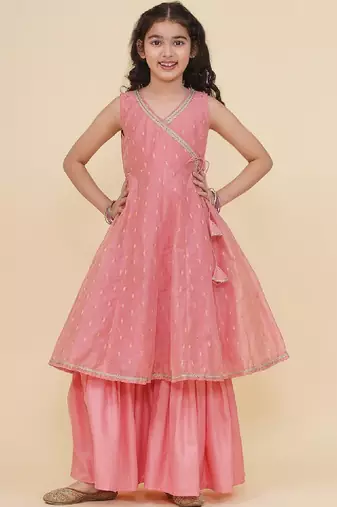 Girls ethnic motifs embroidered angrakha gotta patti kurta with sharara