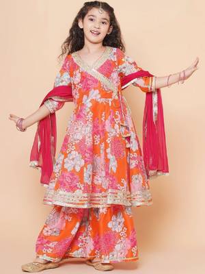 Girls floral printed angrakha gotta patti kurta with sharara & dupatta 1