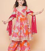 Girls floral printed angrakha gotta patti kurta with sharara & dupatta