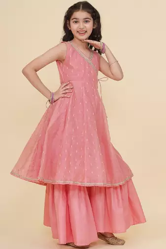Girls ethnic motifs embroidered angrakha gotta patti kurta with sharara