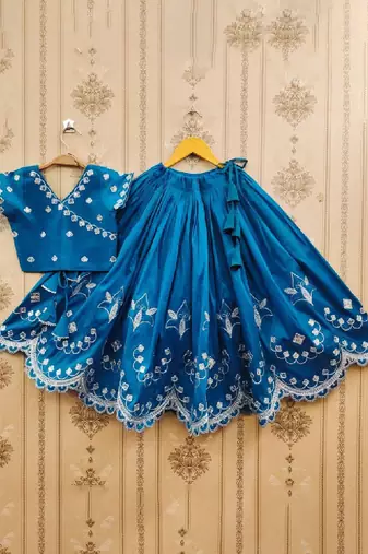 Girls floral embroidered silk zari ready to wear lehenga & blouse with dupatta