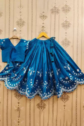 Girls floral embroidered silk zari ready to wear lehenga & blouse with dupatta