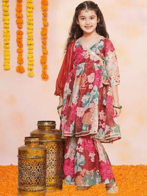 Girls floral printed angrakha gotta patti kurta & sharara with dupatta 1