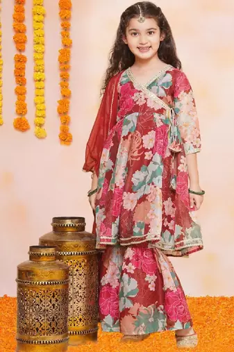 Girls floral printed angrakha gotta patti kurta & sharara with dupatta