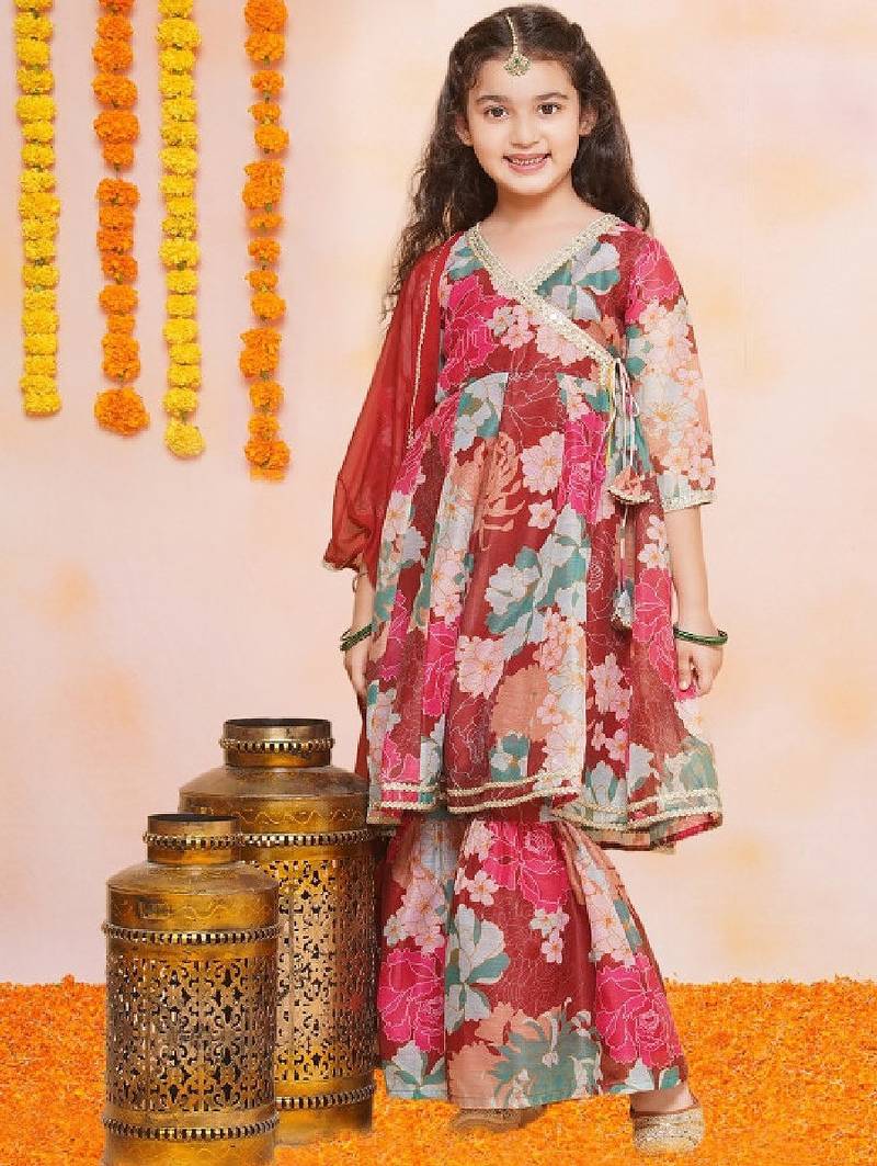 Girls floral printed angrakha gotta patti kurta & sharara with dupatta