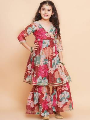 Girls floral printed angrakha gotta patti kurta & sharara with dupatta 3