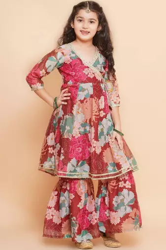 Girls floral printed angrakha gotta patti kurta & sharara with dupatta
