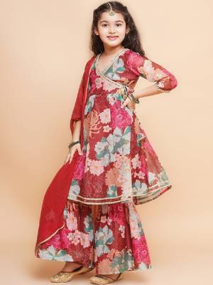 Girls floral printed angrakha gotta patti kurta & sharara with dupatta 4