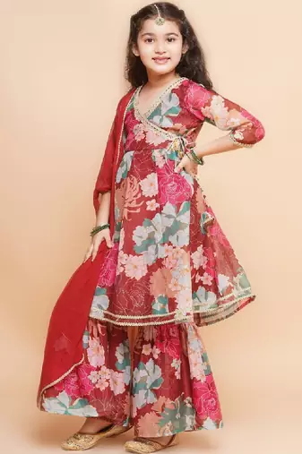 Girls floral printed angrakha gotta patti kurta & sharara with dupatta