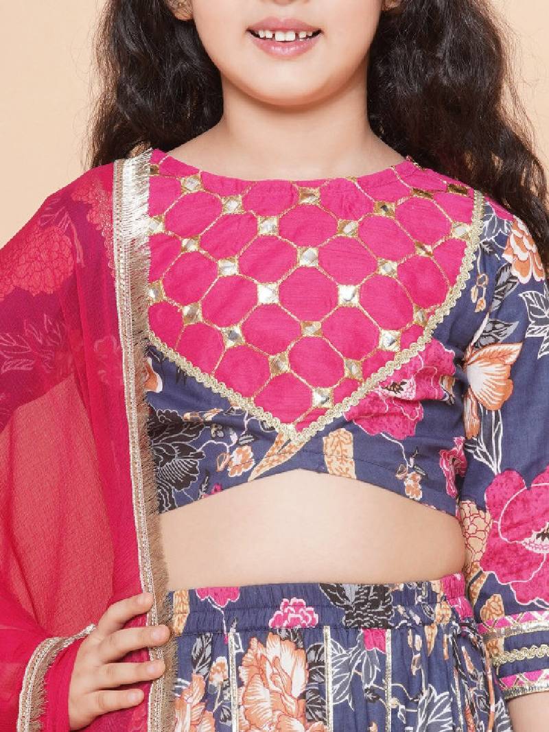 Girls printed mirror work ready to wear lehenga & blouse with dupatta