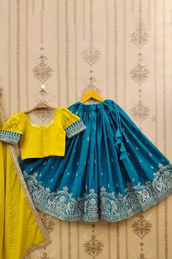 Tie and dye gajraj thread work embroidered silk lehenga choli with dupatta