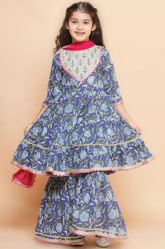Girls floral printed regular pure cotton kurta with sharara & dupatta