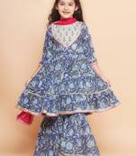 Girls floral printed regular pure cotton kurta with sharara & dupatta
