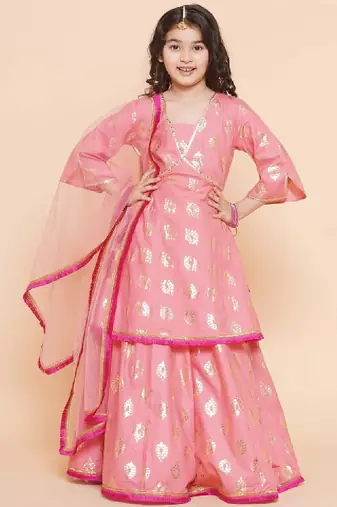 Girls foil printed v-neck lehenga & blouse with dupatta