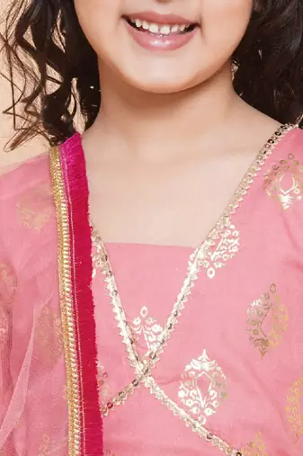Girls foil printed v-neck lehenga & blouse with dupatta