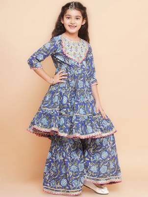 Girls floral printed regular pure cotton kurta with sharara & dupatta 3