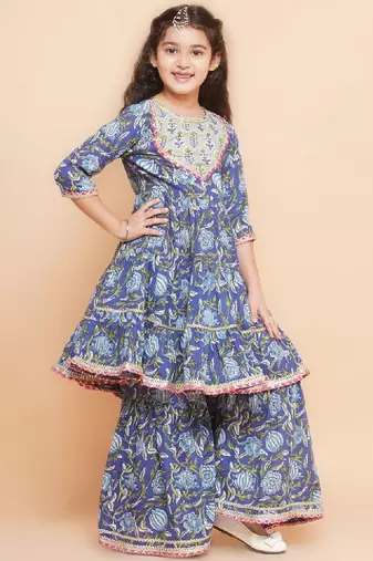 Girls floral printed regular pure cotton kurta with sharara & dupatta